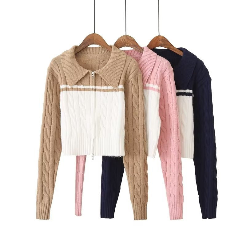 Women Sweater Knitwear Sweater Coat Women's Cardigan Autumn Pattern Contrast Color Zipper Long Sleeve Top