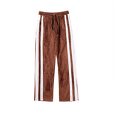 Men Sweatpants Striped Patchwork Casual Pants Zipper Slit Gold Velvet Trousers