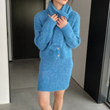 Women Knitted Two-Piece Set Cardigan Skirt Scarf Three-Piece Set Button Knitted Sweater Casual Suit 1t8852