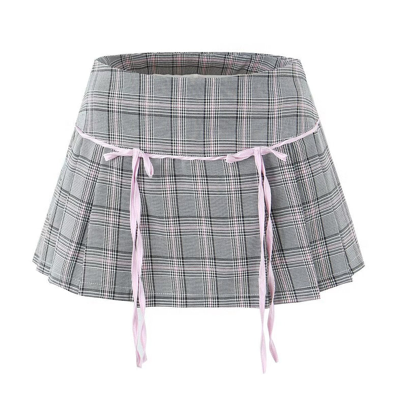 Women Skirt Summer Bow Plaid Pleated Skirt