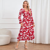 Women Date Dress Floral Dress Autumn and Winter V-neck A- line Skirt