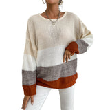 Women Knitted Sweater Autumn and Winter round Neck Contrast Color Knitwear Sweater