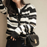 Women Knitted Cardigan Black and White Stripes Loose Knitted Cardigan