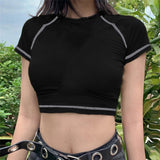 Women T-shirt Summer Sexy Midriff-Baring Top round Neck Short Sleeve T-shirt
