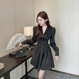 Women Dresses Autumn Style Skirt V-neck Long-Sleeve Dress (Csm202403)