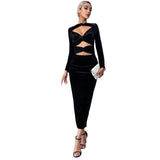 Women Dress Long Sleeve Narrow Black Dress Velvet Dress