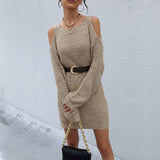 Women Knitted Sweater Spring and Autumn Hollow out Shoulder-Baring Long Sleeve Pullover Woolen Skirt