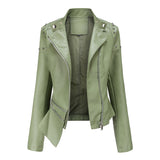 Red Leather Jacket Rivet Leather Clothing with Stand Collar Spring and Autumn Coat Women's Rivet Leather Clothing
