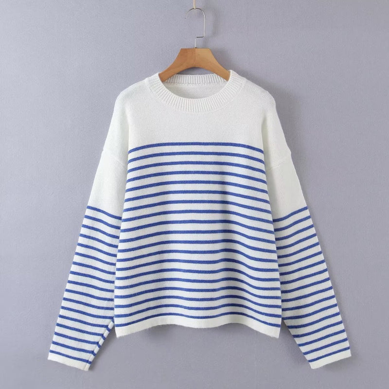 Women Sweater Knitwear Autumn Long-Sleeved Sweater Pullover Bottoming Shirt round Neck Striped Sweater
