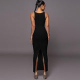 Women Dresses Summer U-Neck Split Sling Dress (Bla0420)
