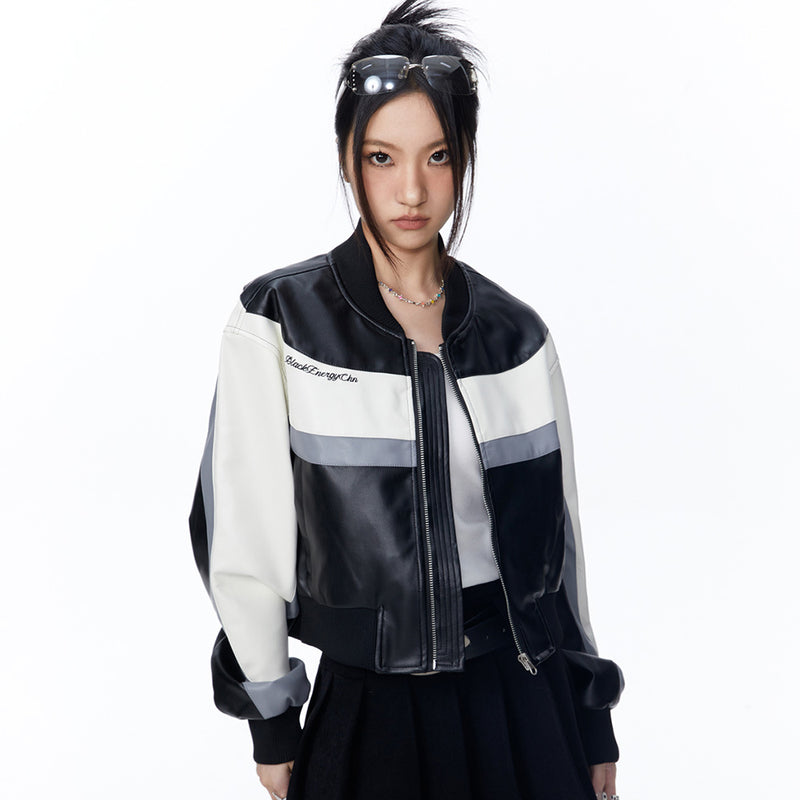 Women Jacket Color Contrast Patchwork Short PU Leather Jacket Stand Collar Biker's Leather Jacket