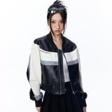 Women Jacket Color Contrast Patchwork Short PU Leather Jacket Stand Collar Biker's Leather Jacket