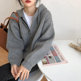 Women Knitted Cardigan Zipper Hooded Sweatshirt Casual Sweater Women's Loose Sweater Coat