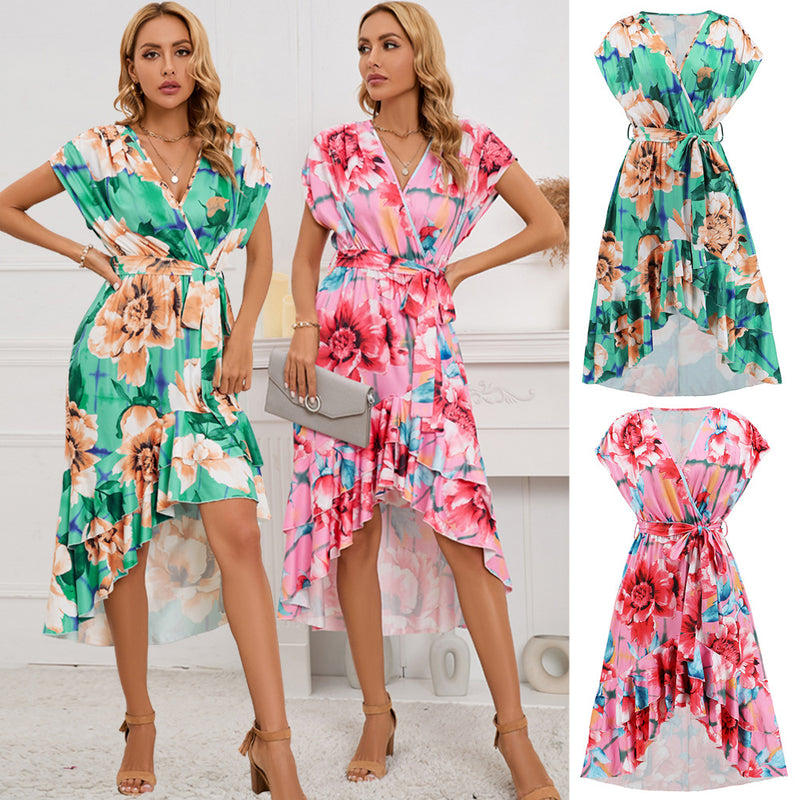 Women Date Dress Sexy V-neck Bat Sleeve Irregular Fishtail Skirt