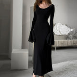Women Dresse round Neck Petal Long Sleeve Dress