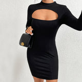 Women Dress Fall/Winter Slim Hip Knitwear Long Sleeve Mini Skirt Sexy Cutout Dress
