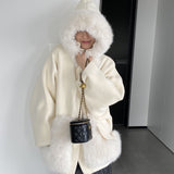 Women Cardigan Sweater Short Woolen Coat Autumn and Winter Long Sleeves Fur Collar Hooded Coat 2t7620