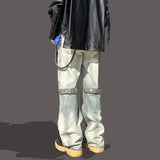 MIJKO Men's Vintage Pants MIJKO Men's Washed Trousers High Street Old Micro-pull Jeans