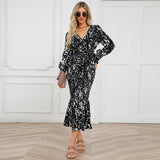 Women Date Dress Long Dress Leopard Print V-neck Belt Printed Fishtail Skirt