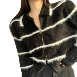 Women Knitwear Fall and Winter Lapels Double Zipper Sweater Loose Knitted Cardigan