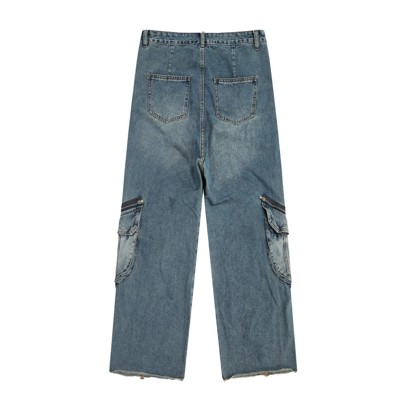Women Pants Multi-Pocket Jeans Loose Cargo Straight-Leg Pants