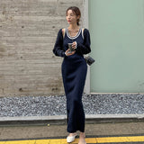 Women Dresses U-Neck Vest Camisole Dress Long Sleeve Cardigan Suit Knitted Maxi Dress