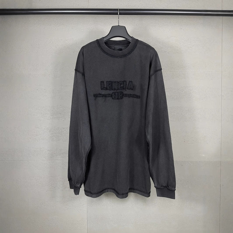 Men T-shirts LOGO Embroidery Washing Water Long Sleeve T-Shirt Loose Casual