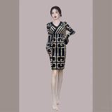 Women Maxi Dress Autumn and Winter Long Sleeve Plaid V-neck Sweaters Sheath Dress