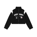 Women Jacket Letter Embroidered Coat Stand Collar Short Casual Zipper Cardigan Top