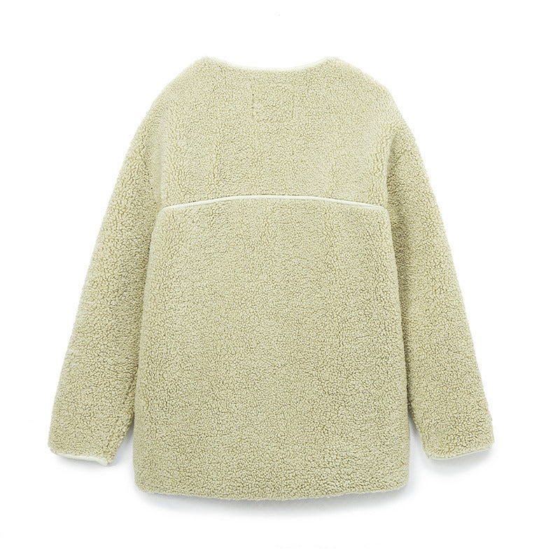 Women Jacket Faux Lamb Fleece Jacket Slim Fit Casual Loose Cardigan round Neck Zipper