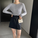 Women Cardigan Sweater Autumn Top round Neck Cropped Cardigan Sweater Button Long Sleeve Knitted Coat 8t7329