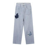 Women Pants Butterfly Affixed Cloth Embroidered Jeans Washed Straight-Leg Pants Loose Trousers