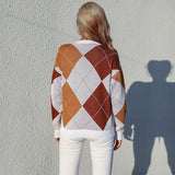 Women Knitted Sweater Autumn Crew Neck Pullover Knitting Rhombus Sweater