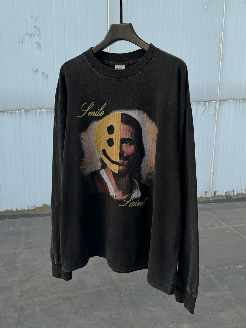 Mens T-shirts SAINT MICHAEL CHO saint smile wash water do old long sleeve T-shirt