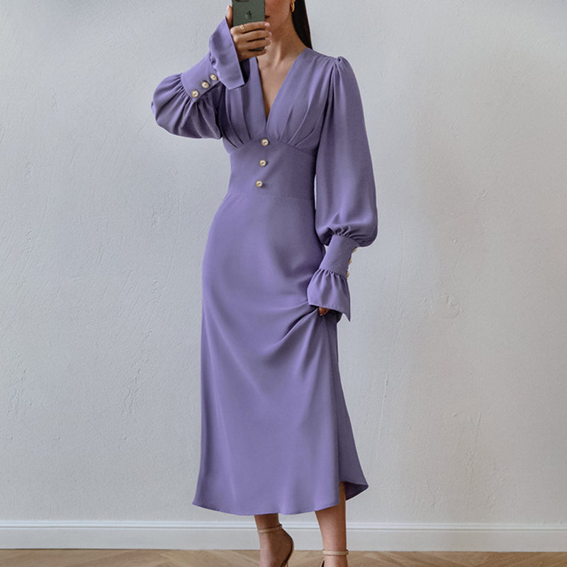 Women Dress Elegant Lantern Sleeve Chiffon Dress