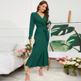 Women Date Dress Knitted Long Sleeve V-neck Lace-up Fishtail Skirt