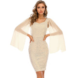 Women Evening Gown Sexy Casual Chiffon Long Sleeve Sequins Dress