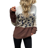 Women Knitted Sweater Autumn and Winter Leisure Women's Long Sleeve Leopard Print Contrast Color Sweater