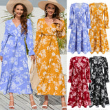 Women Date Dress Autumn and Winter Leisure Floral Print Long Sleeve Lace up Casual Dress Maxi Dress