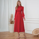 Women Date Dress Stand Collar Long Sleeve Skirt