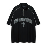 Men T Shirt Vintage Oversize Zipper Stand-up Collar Short-Sleeved T-shirt