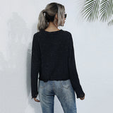 Women Knitted Sweater Autumn and Winter Leisure Ripped Long Sleeves Black Sweater