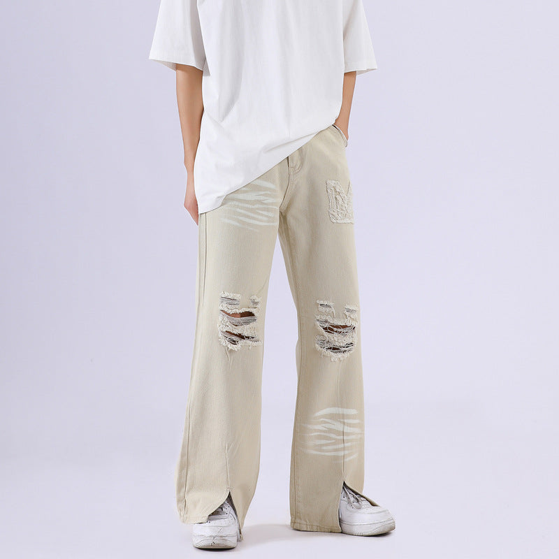 Men Jeans Vintage Zipper Trousers Knee Loose Hole Straight Jeans