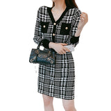 Women Maxi Dress Spring and Autumn V-neck Houndstooth Long Sleeve Knitted Dress