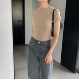Women Knitted T-shirt round Neck Short Sleeve T-shirt Slim Fit Sweater
