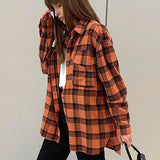 Women Trench Coat Retro Plaid Long Sleeve Shirt Coat
