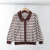 Women Sweater Knitwear Polo Collar Striped Knitted Cardigan Single-Breasted Sweater Coat