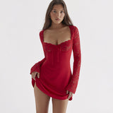 Women Dresses Lace Sexy Long Sleeve Short Dress