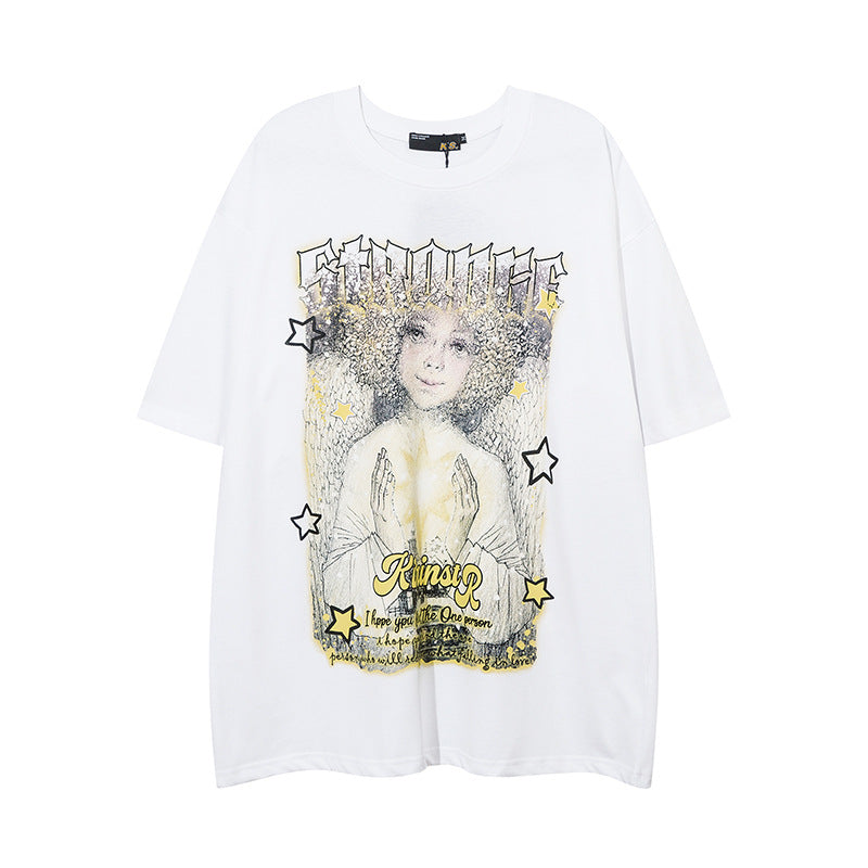 Men T Shirt Vintage Print Short Sleeves T-shirt Men and Women Loose