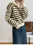 Women Knitted Pullover Vintage Stripe Lapel Knitwear Fall/Winter Loose Sweater Coat